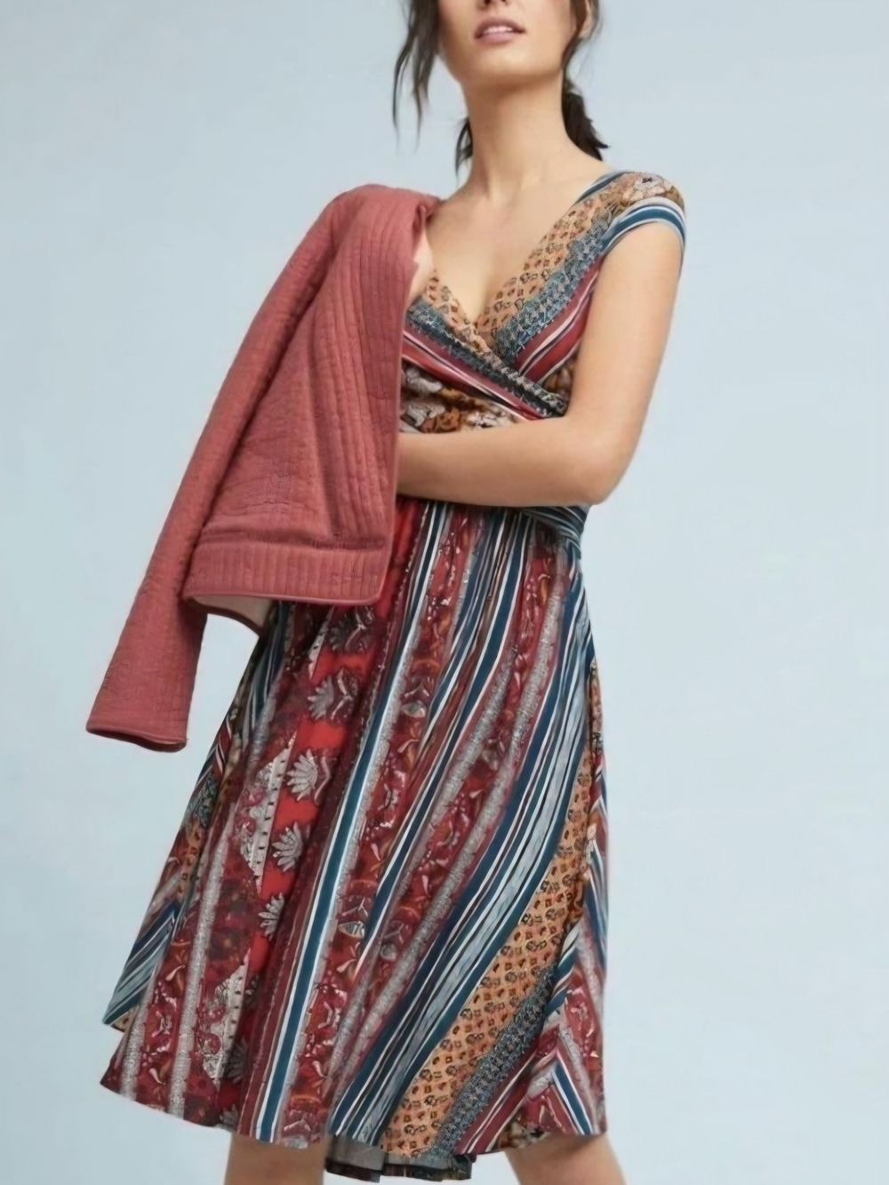 Maeve Anthropologie Boho Mixed-Print Striped Knit Midi Dress